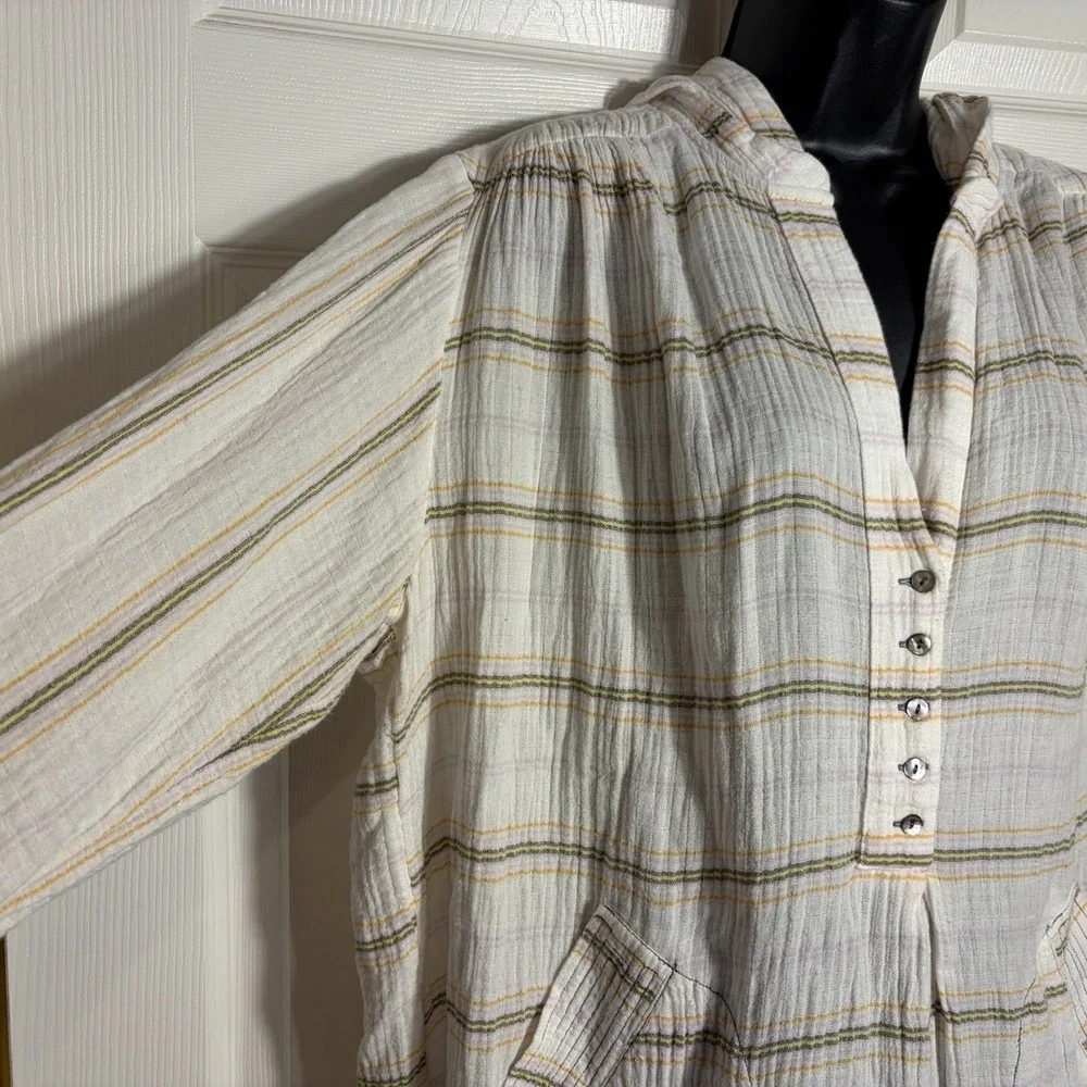 Free People Rolling Clouds 100% Cotton Gauze Tunic Women M Cream Striped Hooded